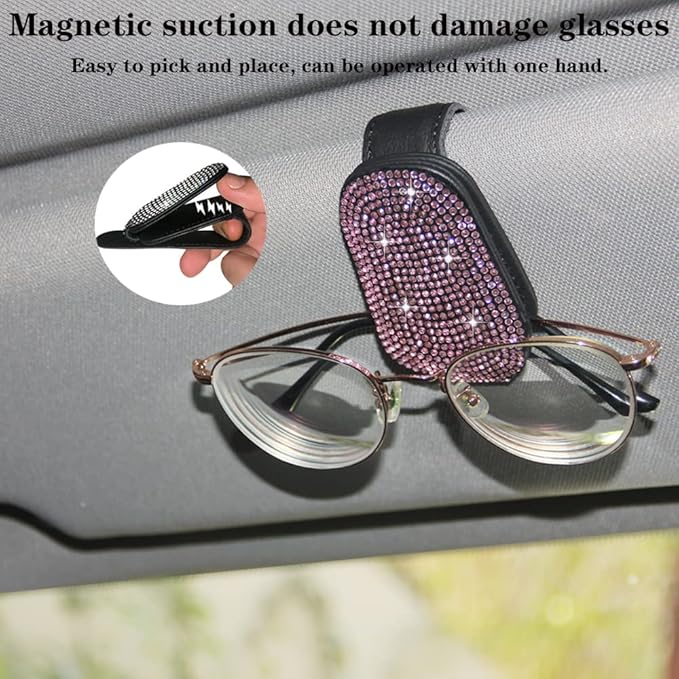 ACODABLEM Bling Car Glass Holder Sun Visor, Bling Crystal Rhinestone Sunglasses Magnetic Holder Mount Universal Eyeglasses Hanger Clip, Ticket Card Clip for Car, Car Sun Visor Accessories (Pink)