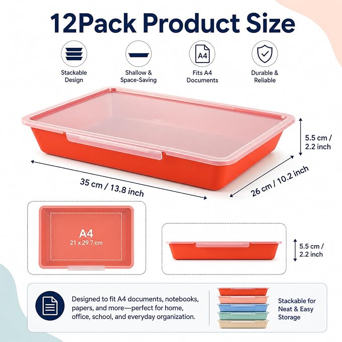 12 Pack Flat Storage Paper Tray with Clear Latching Lid Letter Size Organizer Bin Tray Plastic Latching File Organizer for Classroom Library School Office Teacher Desktop Book Organization (Morandi)