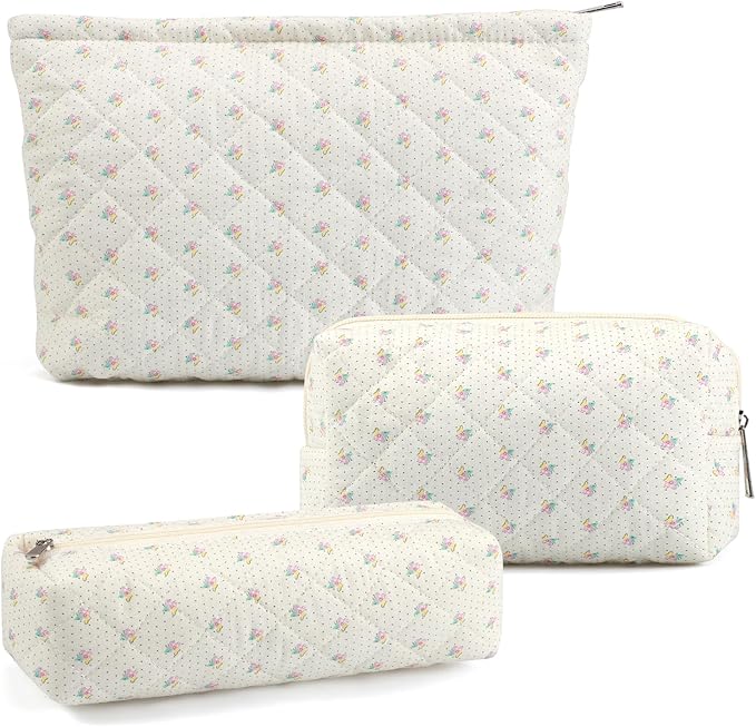 3 Pcs Makeup Bag Cosmetic Bag Set for Girls Women Checkered Travel Organizer Bathroom Toiletry Pouch Large Capacity Storage Bag(Small Flower Blue)