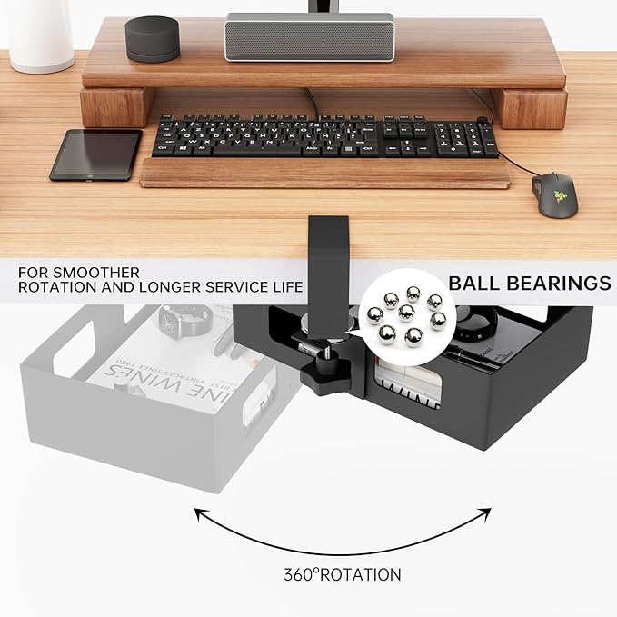Clamp-on Side Desk Swivel Organizer, Under Desk Hidden Storage Drawer with Cable Hole, Hanging Desk Rotated Metal Basket for Extender Desk Space