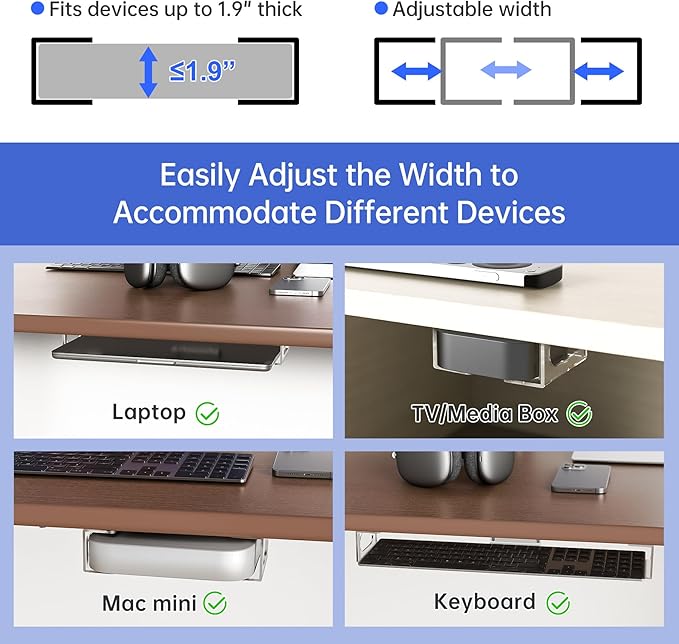 NiHome Clear Acrylic Under Desk Laptop Mount, Easy Installation Adjustable Laptop Holder, Scratch-Resistant Under-Desk Stand for MacBook, Notebook, Modem, TV Box, PS4 Slim & Keyboard