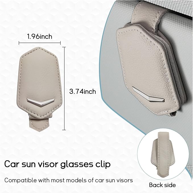 Dickno Sunglasses Holder for Car Sun Visor, Magnetic Leather Glasses Hanger Mounted with Ticket Card Clip, Universal Vehicle Interior Accessories for Different Size Eyeglasses (Beige)