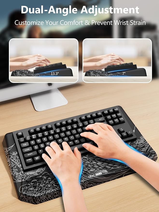 2-in-1 Ergonomic Keyboard Stand with Wrist Rest, Comfy Keyboard Riser Holder with Massage Design, Black Wave of Kanagawa