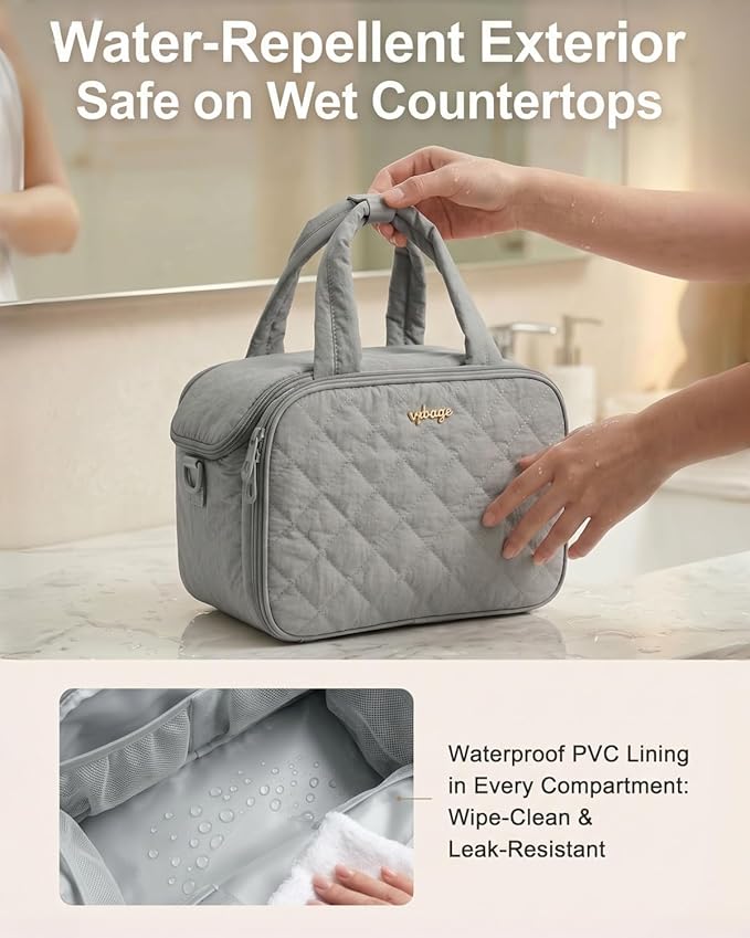 Lightweight Structured Travel Toiletry Bag for Women - Wide-Open Puffer Mini Duffel with Removable Divider, Waterproof Lining, Water-Resistant Exterior, Fits Full-Size Bottles & Shower Essentials