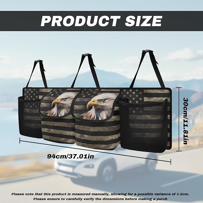 USA Flag Bald Eagle Car Trunk Organizer for Women Men Car Back Seat Hanging Storage Bag Collapsible Auto Cargo Bag with 4 Large Pockets Auto Interior Accessories