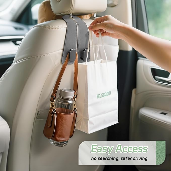 Car Seat Headrest Hooks - 2 Pack Universal Car Purse Hook, Leather Car Bag Purse Holder with Double Metal Hooks for Handbags, Grocery Bags, Bottles, Phones