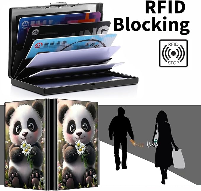 Metal Wallet for Women Men Girls, RFID Blocking Slim Aluminum Credit Card Holder, Mini Travel Wallet with Hard Shell, Lightweight ID & Business Card Case,Cute Panda