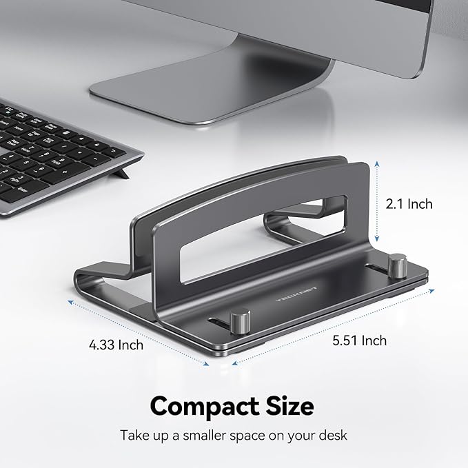 TECKNET Vertical Laptop Stand, Adjustable Aluminum Laptop Stand (Fits Up to 17.3"), Space-Saving Vertical Stand with Non-Slip & Scratch-Resistant Silicone, Compatible with MacBook Pro/Air, Dell, HP