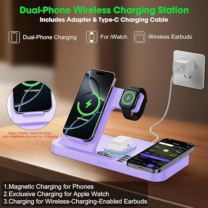 Dual Phone Wireless Charging Station for Apple Devices, Magnetic Charging Station for iPhone with Auto Switch 7-Color Light&Clock,Family Watch Charger for iPhone17 for iWatch11 for AirPods Pro3(Purple