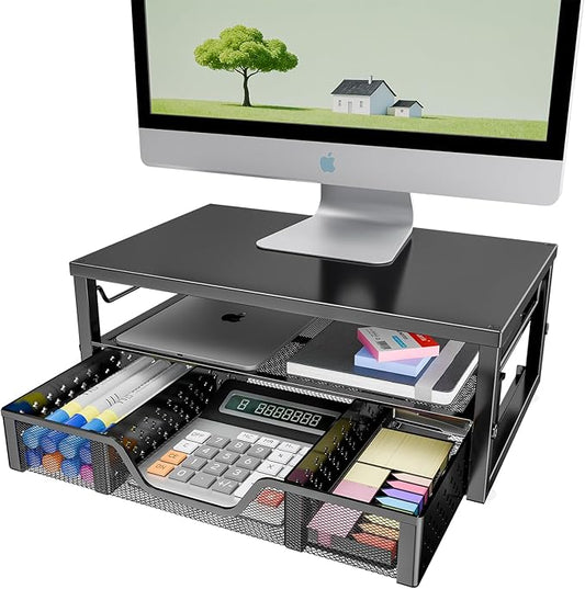 Simple Trending Desk Organizer and Accessories, 2-Tier Computer Monitor Stand Riser with Drawer for Office Supplies, Black