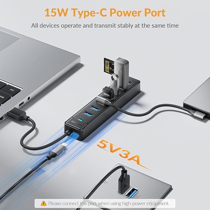 iDsonix 7-Ports USB Hub 3.0[0.5Ft] USB Splitter 5Gbps Multiport Adapter, USB Hub Extender for Desktop, PC, Laptop, Flash Drive, Mobile HDD, Windows/XPS, 15cm