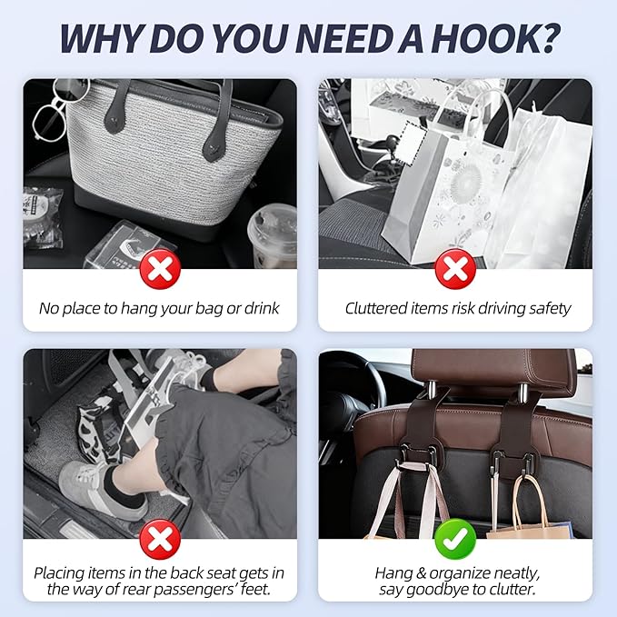 2 Packs Headrest Hooks for Car, Hidden Twinhook Leather & Metal Car Purse Holders, Universal Seat Back Storage Organizer Hanger for Purse Bag Handbags Phones, 2026 Car Seat Accessories (Brown)