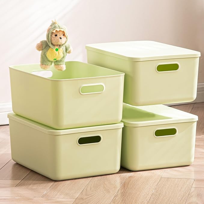 4 pack large plastic White storage bins with Lids, Toy Box Chest with Handle，Organizer Containers Baskets for Baby,Nursery，Shelves，Playroom, Bedroom，Office,Closet，home (Light Green, 4M)