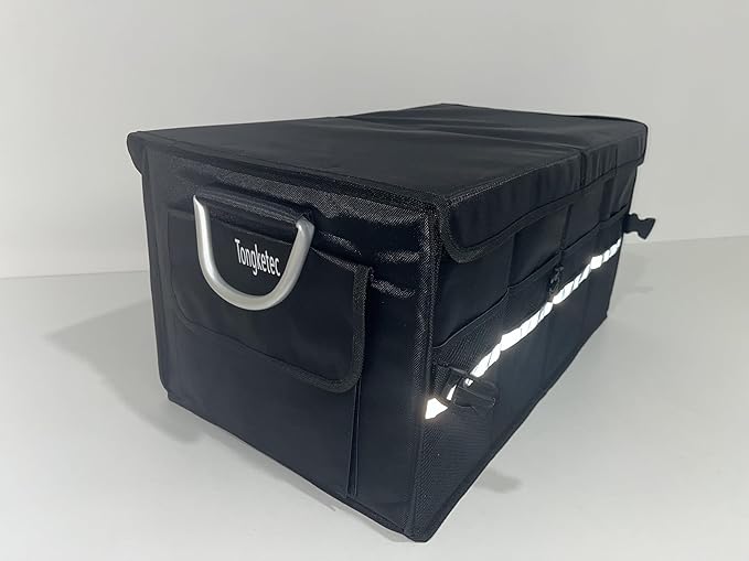 Trunk Organizer With Lid,Medium,Black 55L,For SUV Car Truck,Collapsible Waterproof Oxford Fabric,Portable Multipurpose sorting,3-Compartments with Aluminium Alloy Handle