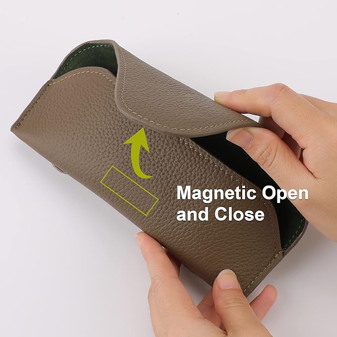 Magnetic Sunglass Holder for Car Visor Clip, Leather Car Glasses Holder, Visor Accessories Eyeglasses Holder Glasses Storage Case (02-Khaki)