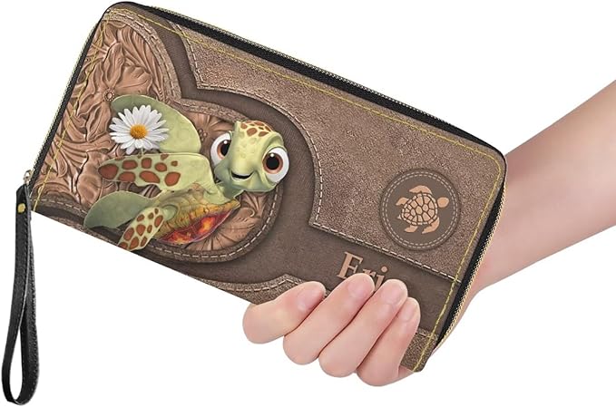 Bulopur Custom Name Wallet for Women Leather Mom's Gifts Sea Turtle Wristlet Wallets Waterproof Minimalist Long Wallet Large Capacity Clutch Purse Coin Cash Holder for Travel Shopping Work