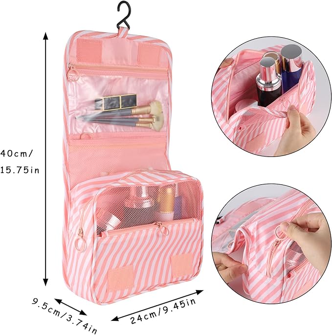 Pengxiaomei Hanging Toiletry Bag, Pink Striped Waterproof Cosmetic Bag Portable Makeup Pouch Wash Bag with Handle for Kids Teen Girls Tea Party Mothers Day Gifts Travel Cruise Essentials