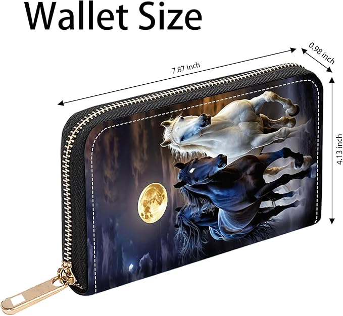 Running Horse Under The Moon Print Women Large Capacity PU Leather Zip Around Wallet, Multifunctional Clutch Purse for Cash/Card/Coin/Smart Phone
