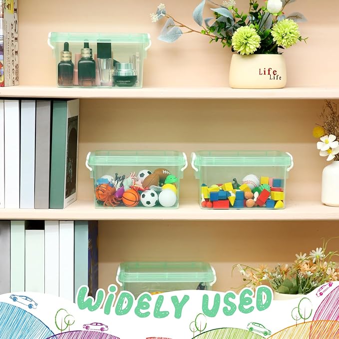 Wenqik 6 Pack Colorful Plastic Storage Bins with Lids 4 Quart Small Storage Latch Box Stackable and Nestable Clear Organizer Bins with Latching Handle and Buckle for Organizing(Green)
