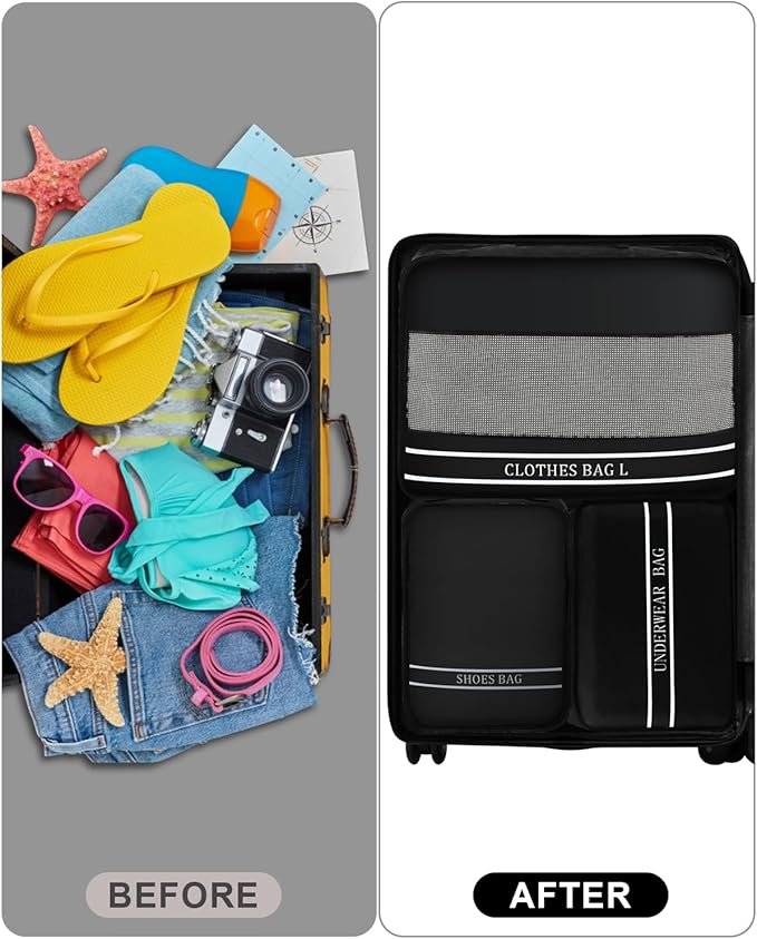 9 Set Packing Cubes Luggage Packing Organizers for Travel Accessories Space Saving Travel Bags for Carry On, Lightweight Mesh Zipper, Clothes, Shoes, Laundry and Shoe Bag, Suitcases (BLACK)