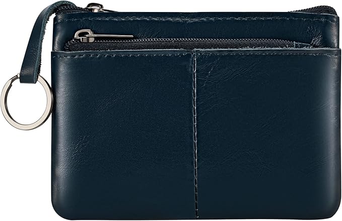 Dark Blue Genuine Leather Multi-Functional Wallet - Compact Card Holder, Coin Purse & Key Organizer with 3 Zippers, Built-in Key Ring, Perfect for Travel, Work & Daily Use