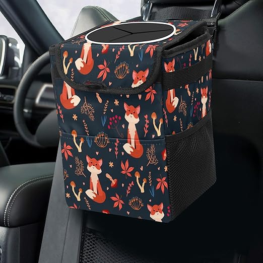 Car Trash Can Cute Red Foxes Forest Mushrooms Wate-rproof Auto Garbage Bag Car Trash Can with Lid Leak-Proof Car Storage Bag Hanging for Headrest Collapsible and Portable with Storage Mesh Pocket