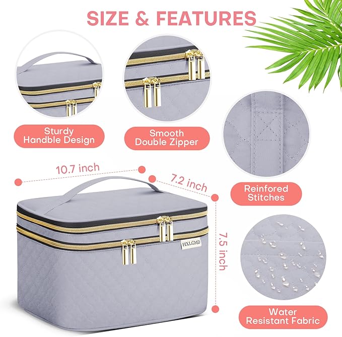 HXLGMD Large Makeup Bag with Mirror Double Layer Travel Make Up Organizer Case, Large Capacity Coemetic with Brush Slot Divider, Travel Toiletry Bag for Women (Grey)