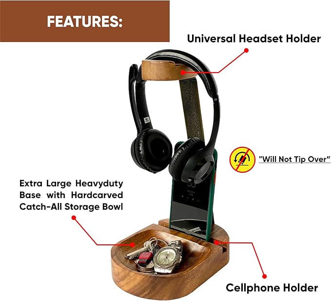 Acacia Wood Headphone & Phone Stand with Tray – Dual Device Holder Desk Organizer for Over-Ear Headphones & Mobile Phone, Gaming Setup, Workstation, Stylish Wooden Catchall