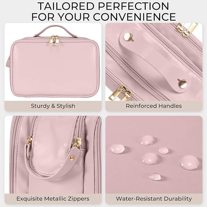 Travel Makeup Bag Women's Large Capacity Cosmetic Portable Organizer Large Opening Waterproof Storage Toiletry Bags Vertical Free-Standing Brush Holder for Easy Access Pink