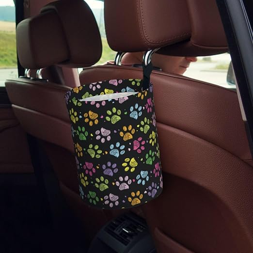 Car Garbage Bag Colorful Paw Print Mini Car Trash Bin Portable Collapsible Waterproof Rubbish Bag for Car Accessories Back Front Seat Cup Holder