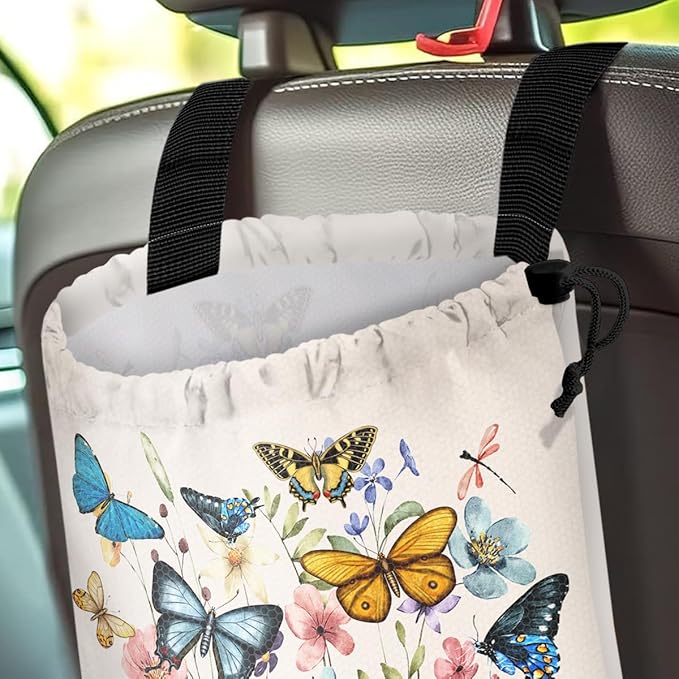 Car Trash Bag Hanging Back of Seat Waterproof Small Cute Printed One-Handed Strap Drawstring Garbage Bags for Car-Butterfly Wildflower
