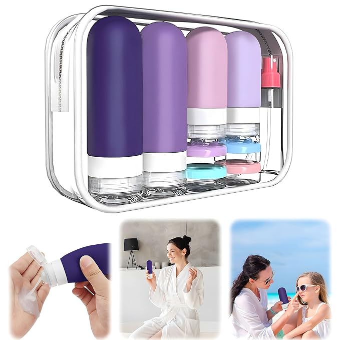 18er Pack Travel Bottles Set - TSA Approved Leak Proof Silicone Squeezable Containers for Toiletries, Conditioner, Shampoo, Lotion & Body Wash Accessories (Purple)