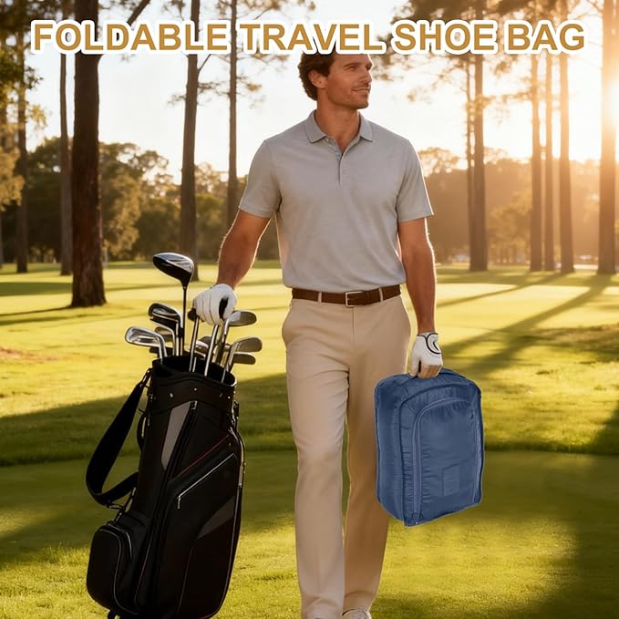 Foldable Travel Shoe Bag, Waterproof Shoe Pouches Organizer with Handle Travel Packing Cubes -Fitting for Storing (Sneakers/Sandals/Fitness Shoes) 2 Pcs & Navy Blue