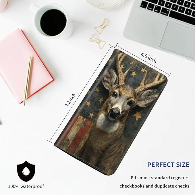 DEGDFSGR Checkbook Cover PU Leather Checkbook Covers for Women for Duplicate Checks, Check Book Covers with RFID Blocking Function for Personal Checkbook, Old American Flag And Deer