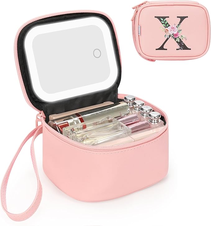 Relavel Initial Makeup Bag with Led Mirror for Women, Mini Cosmetic Bag for Travel, Personalized Cute Makeup Pouch with 3 Light Modes, Preppy Birthday Gifts for Kids Teen Girls - Pink X