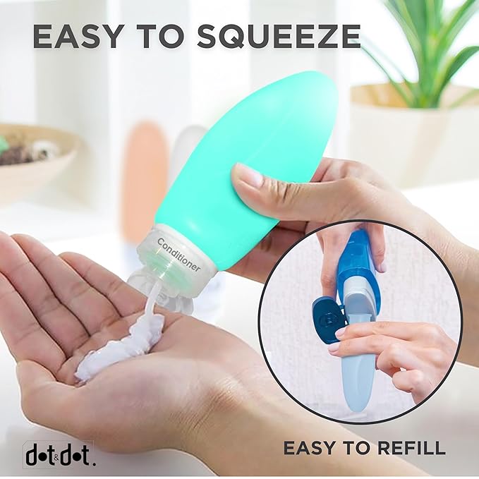 Dot&Dot Leak Proof Travel Bottles - Tubes for Liquid TSA Approved 3oz Silicone Toiletries Travel Shampoo & Conditioner Containers with Labels