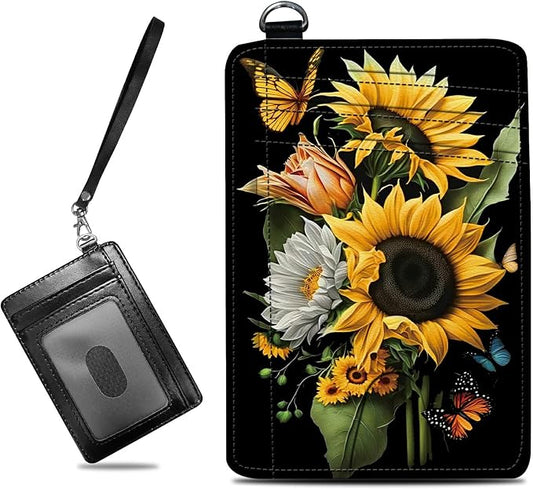 Small Travel Wallets, Sunflowers Butterfly Slim Minimalist Front Pocket Wallet with Wristlet, RFID Blocking PU Leather Credit Card Holder with ID Window Change Purse for Men Women