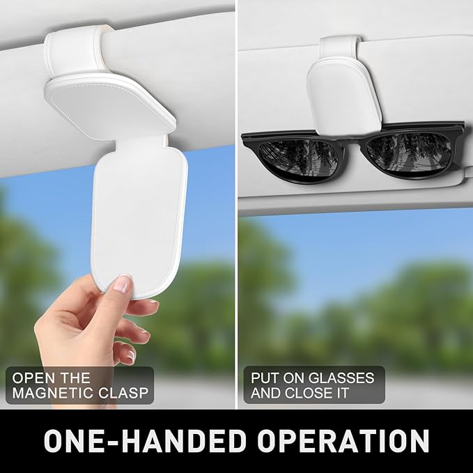Sunglasses Holder for Car Visor, Magnetic Leather Car Sunglass Holder, Car Sun Visor Glasses Hanger Clip, Car Interior Accessories for Women Men, Fits All Size Eyeglasses