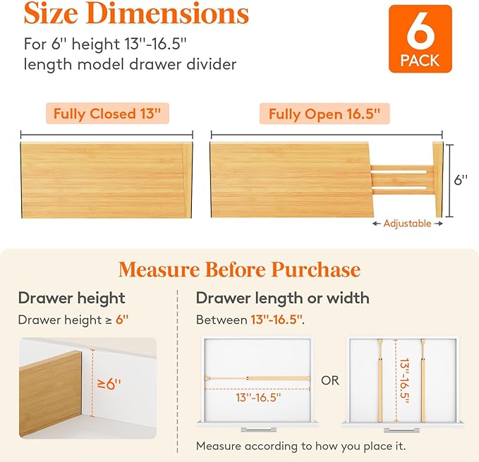 Lifewit 6" High 6 Pack Bamboo Drawer Dividers 33-42cm/13-16.5" Adjustable Wooden Drawer Organizer for Clothes/Utensils, Expandable Drawer Separator for Dresser/Kitchen/Bedroom/Office Organization