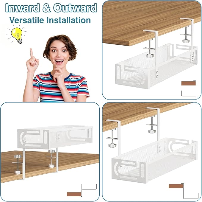 No Drill Under Desk Cable Management Tray, SONATURE 25.3" Cord Organizer for Table, Clamp Mount Desk Cable Management, Premium Carbon Steel Cable Organizer for Office, Home (White)