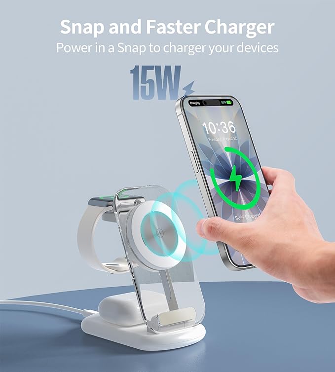 3 in 1 Magnetic Wireless Charging Station for Apple Devices, Fast Foldable Travel Mag-Safe Charger Stand with Night Light for iPhone 17 16 15 14 13 12 Series, Apple Watch/AirPods Pro-Gift for Lovers