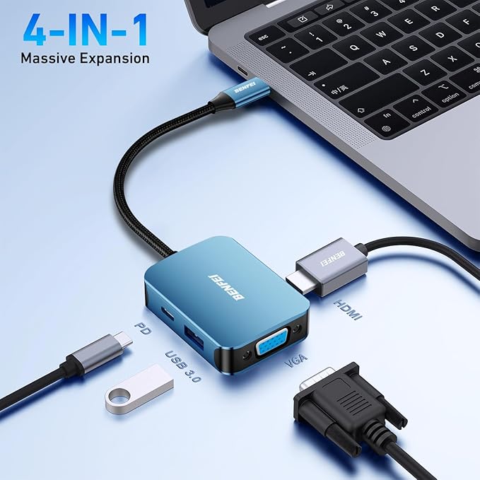 BENFEI USB C HUB 4-in-1, USB Type-C to HDMI VGA Adapter, USB C to USB Adapter, USB Type-C Power Delivery, Compatible with iPhone 15 Pro/Max, MacBook Pro/Air 2023, iPad Pro, iMac, S23, XPS 17
