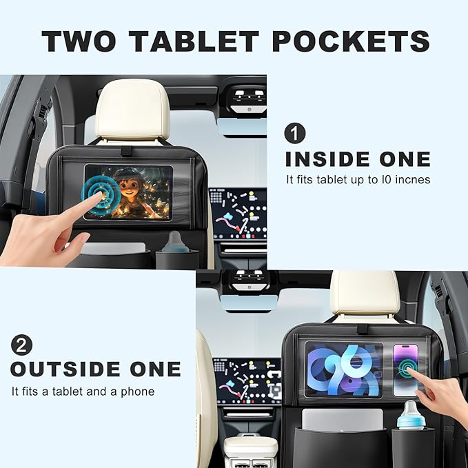 2Pack Car Backseat Organizer with Foldable Table Tray,6 Storage Pockets Car Storage Organizer with Tablet Holder,Car Seat Back Protectors Kick Mats Travel Accessories (Black)