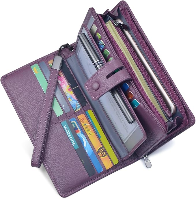 Bveyzi Women's Big Fat Rfid Leather Wristlet Wallet Organizer Large Phone Checkbook Holder with Zipper Pocket (Purple)