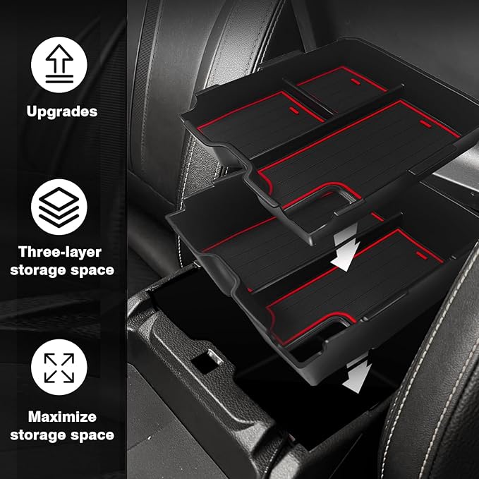 Muslogy Center Console Organizer Compatible with Ford Ranger 2024 2025 2026 & Raptor Accessories Two-Layer Storage Box Insert Tray Secondary Storage Divider Armrest Tray ABS Material Glove Box (Red)