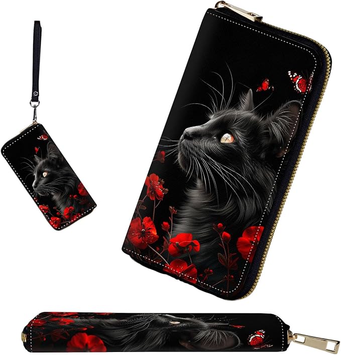 RFID-Blocking Zip Around Wallets for Women with Detachable Wrist Strap,Large Capacity Phone Holder with Card Organizer & Coin Pocket,Black Cat Flowers and Butterflies