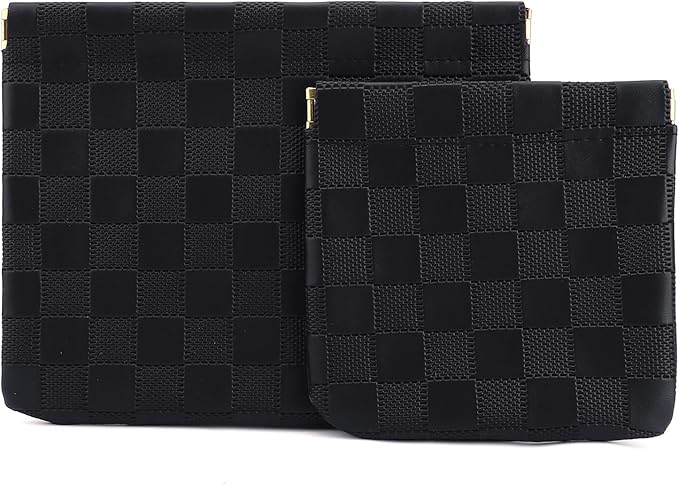 2 PCS Ladies Small Makeup Bag for Purse,Coin Purse Lipstick Cosmetic Accessories Organizer,Travel Pouch,Waterproof No Zipper Self-closing Small Makeup Pouch (Checkered Black)