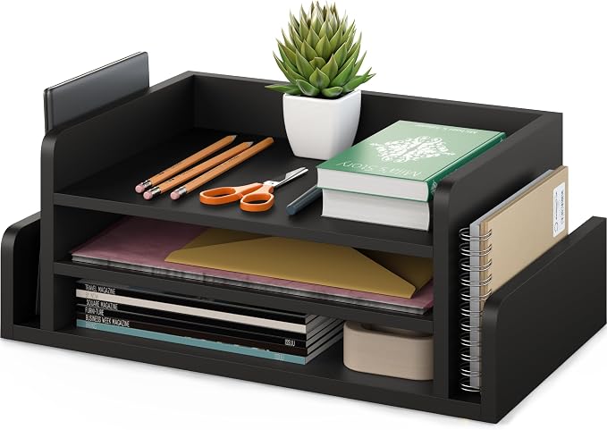 Ballucci 3-Tier Desk Organizer with 2 Side Mail Sorter Slots, Wood Letter Tray, Open Top Paper Organizer, Desktop File Organizer, Black