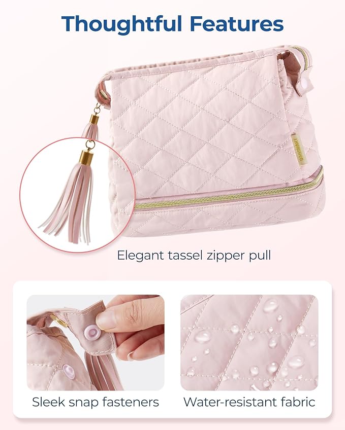 BAGSMART Makeup Bag Travel Cosmetic Bag,Puffy Make Up Bags for Women Double Layer Makeup Organizer Case,Wide-open Pouch Purse Storage Travel Essentials Toiletries Accessories Brushes,Pink
