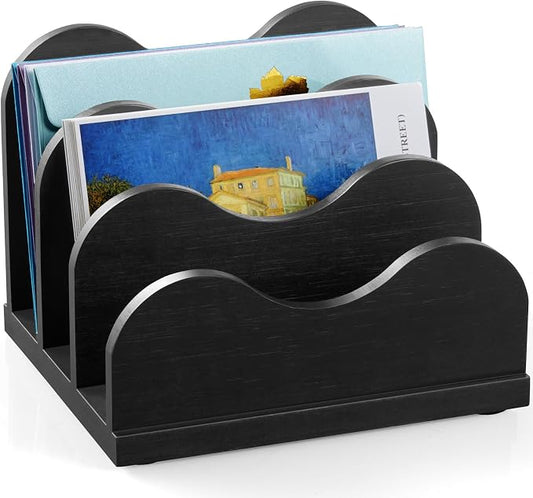 DRASTAR Mail Organizer Countertop, Letter Holder for Desk, Mail Sorter with 3 Slots, Black Small File Holder, Envelope Organizer for Home Office